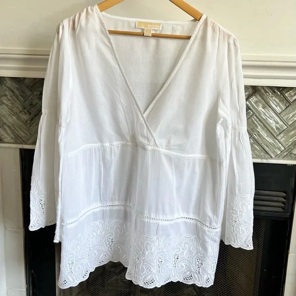 NWOT MICHAEL Michael Kors CRISP WHITE Embroidered LACE V-NECK Cotton BLOUSE L - Picture 4 of 17